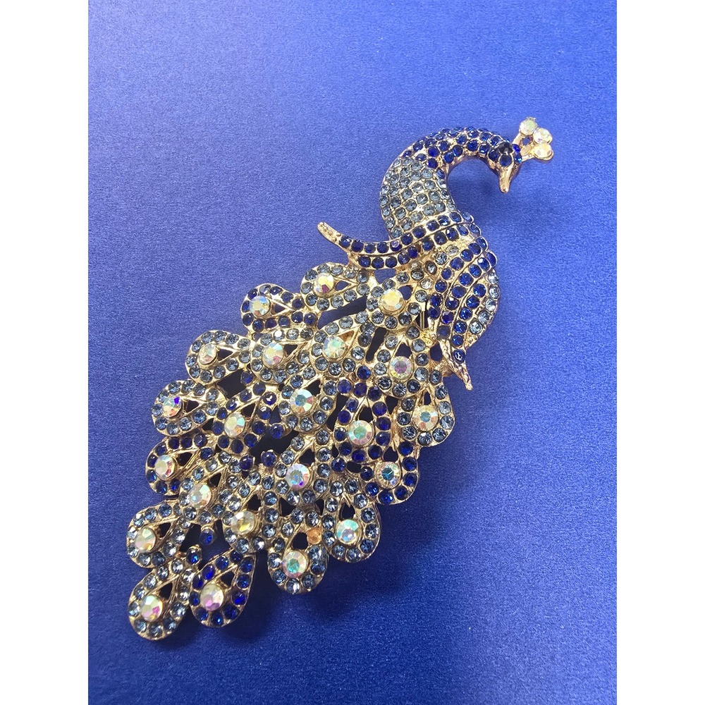 Gold Tone Blue Rhinestone Peacock Brooch Pin Aurora Borealis Crystal Jewelry